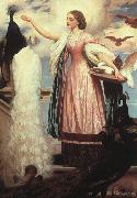 Lord Frederic Leighton A Girl Feeding a Peacock oil painting